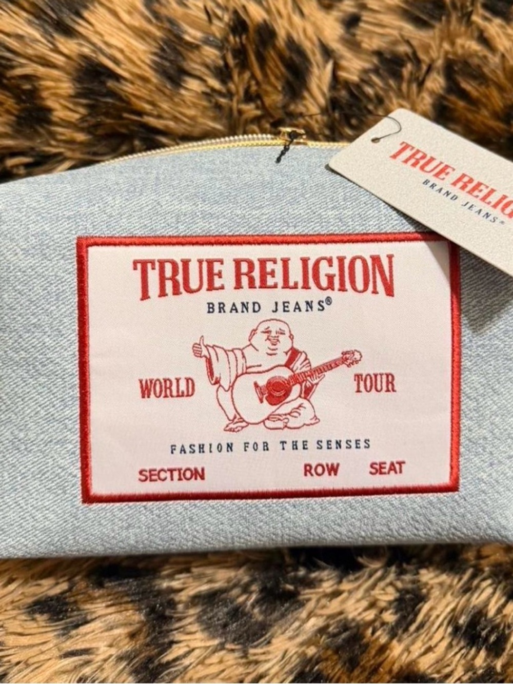 True Religion Light Blue Denim Pouch with Red Logo Tag